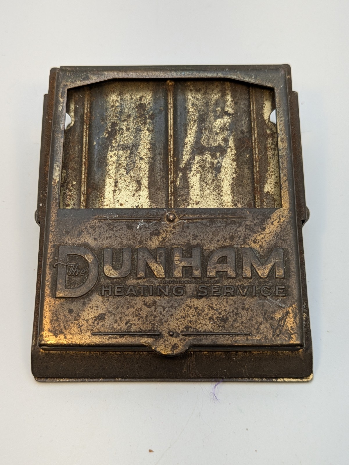 Vintage Brass The Dunham Heating Service Advertising Desk Clip w Lift Up Window