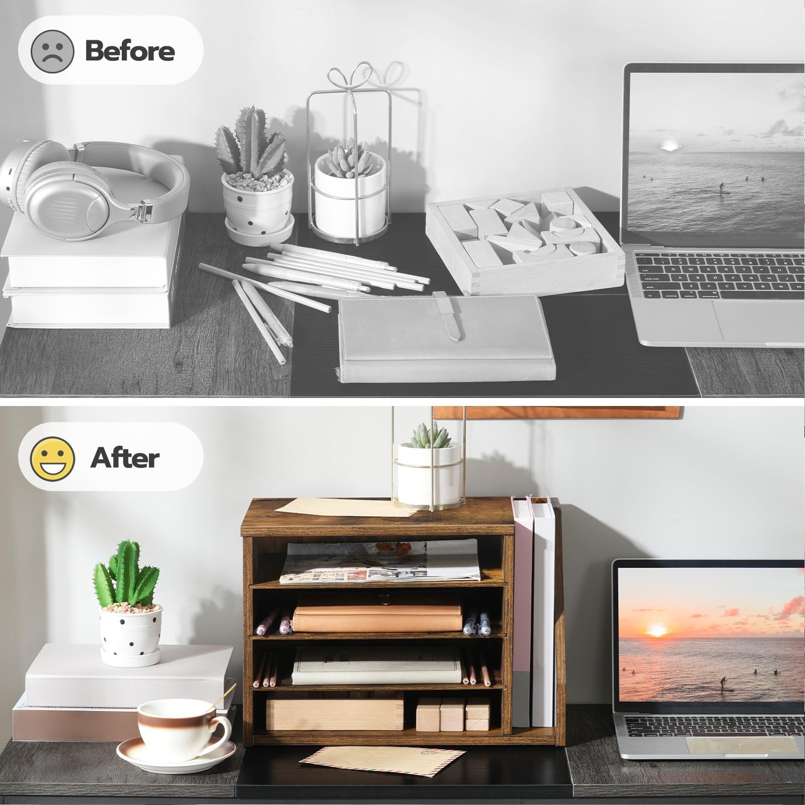 Rustic Brown Wood Mail Sorter Literature Paper Organizer Adjustable Shelves