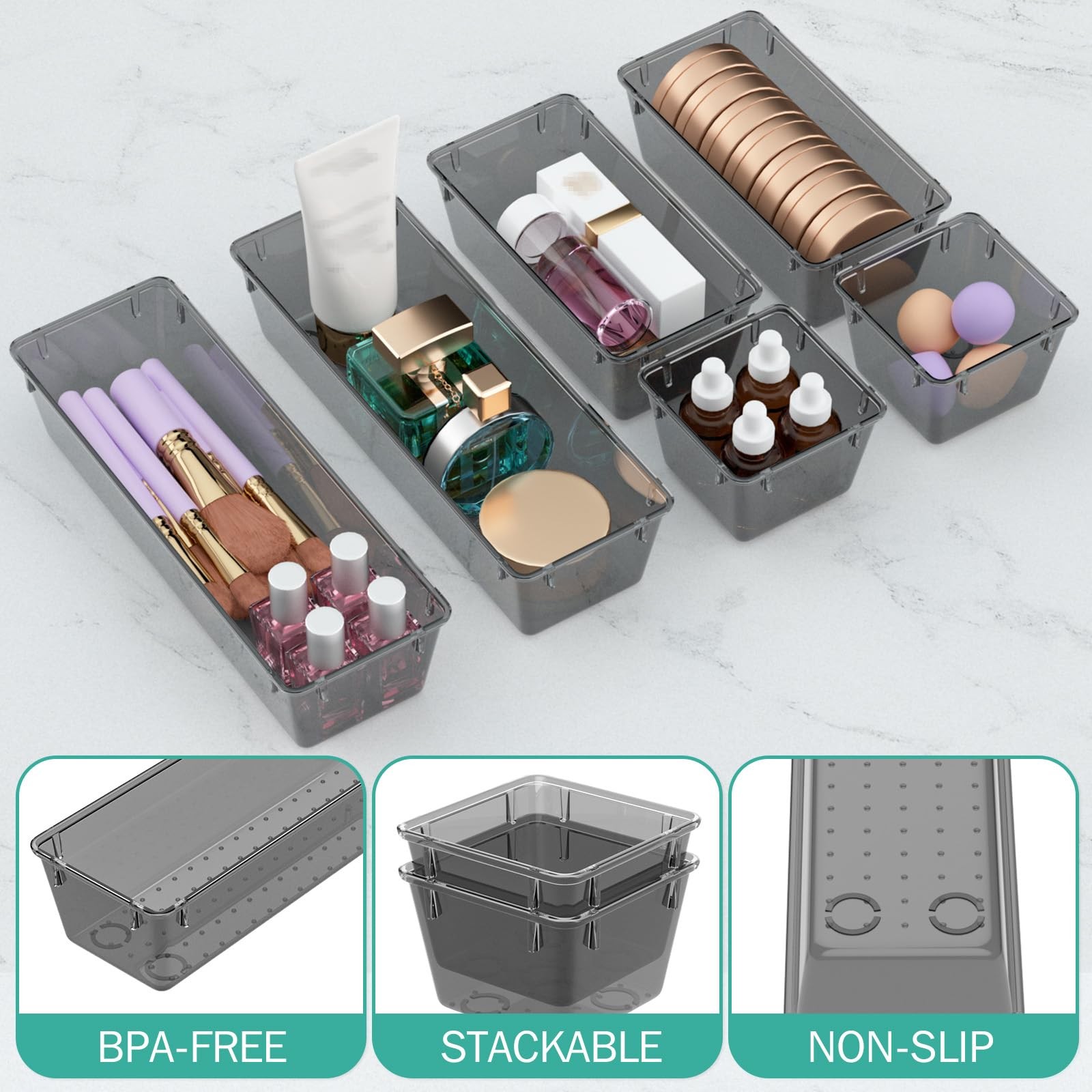 9 PCS Black Clear Acrylic Drawer Organizer Set Storage Trays Bins Makeup