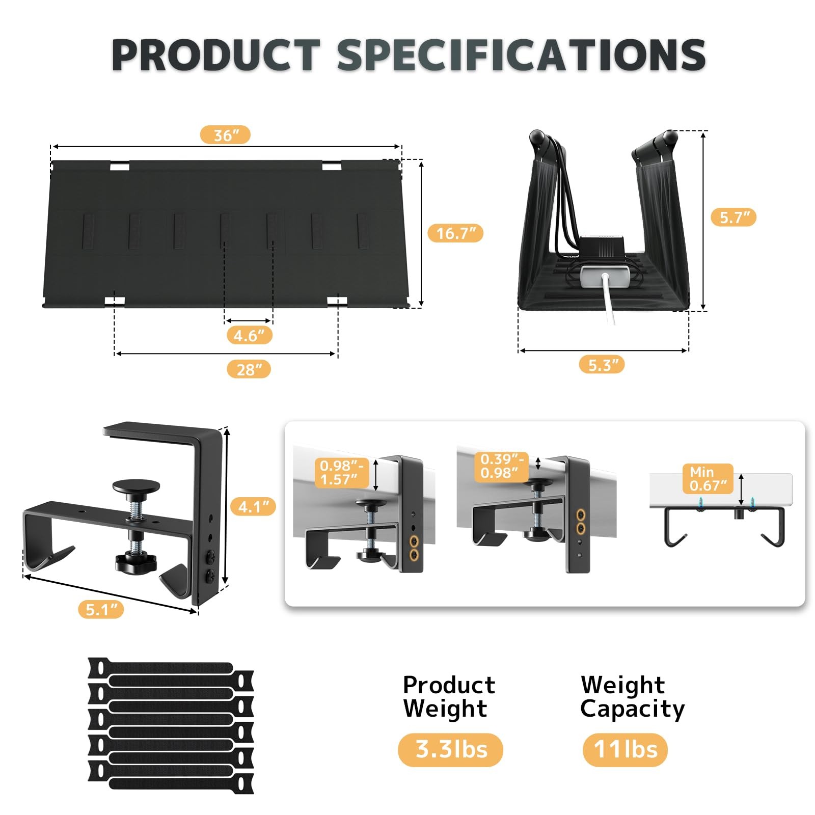 No Drill Under Desk Cable Management Tray – 36″ Clamp/Screw 36″W, Black