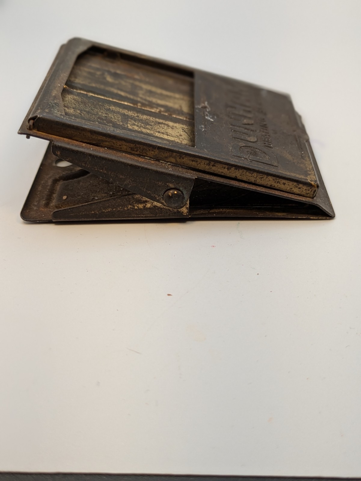 Vintage Brass The Dunham Heating Service Advertising Desk Clip w Lift Up Window