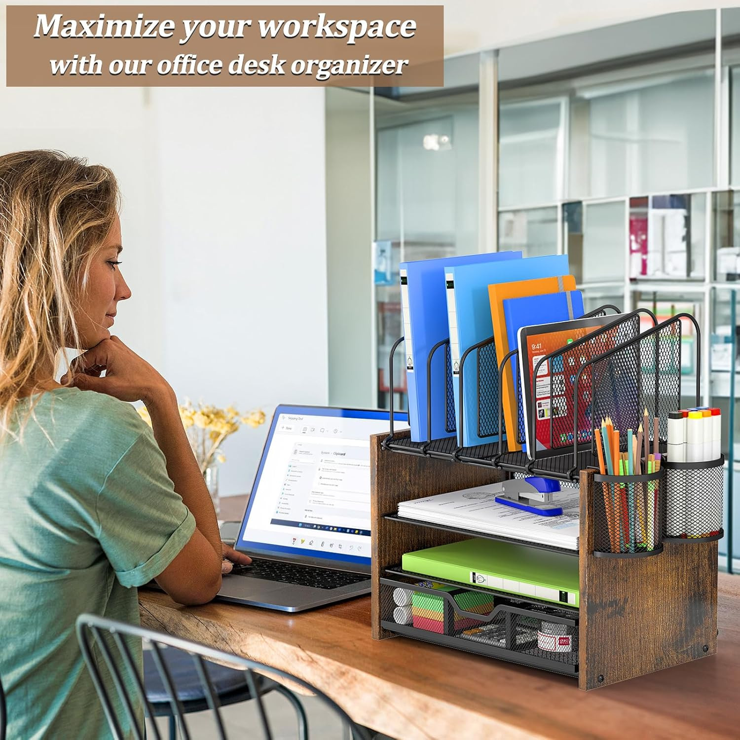 DAOUTIME 4-Tier Mesh Desk Organizer, Wooden Desk File Organizer with 5 Vertical