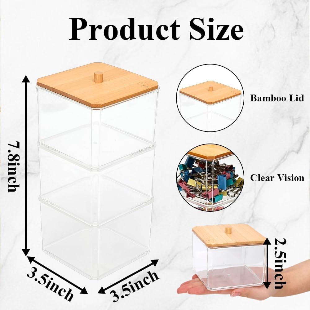 Clear Paper Clip Organizer with Bamboo Lid 3 Layer Desk Storage Holder