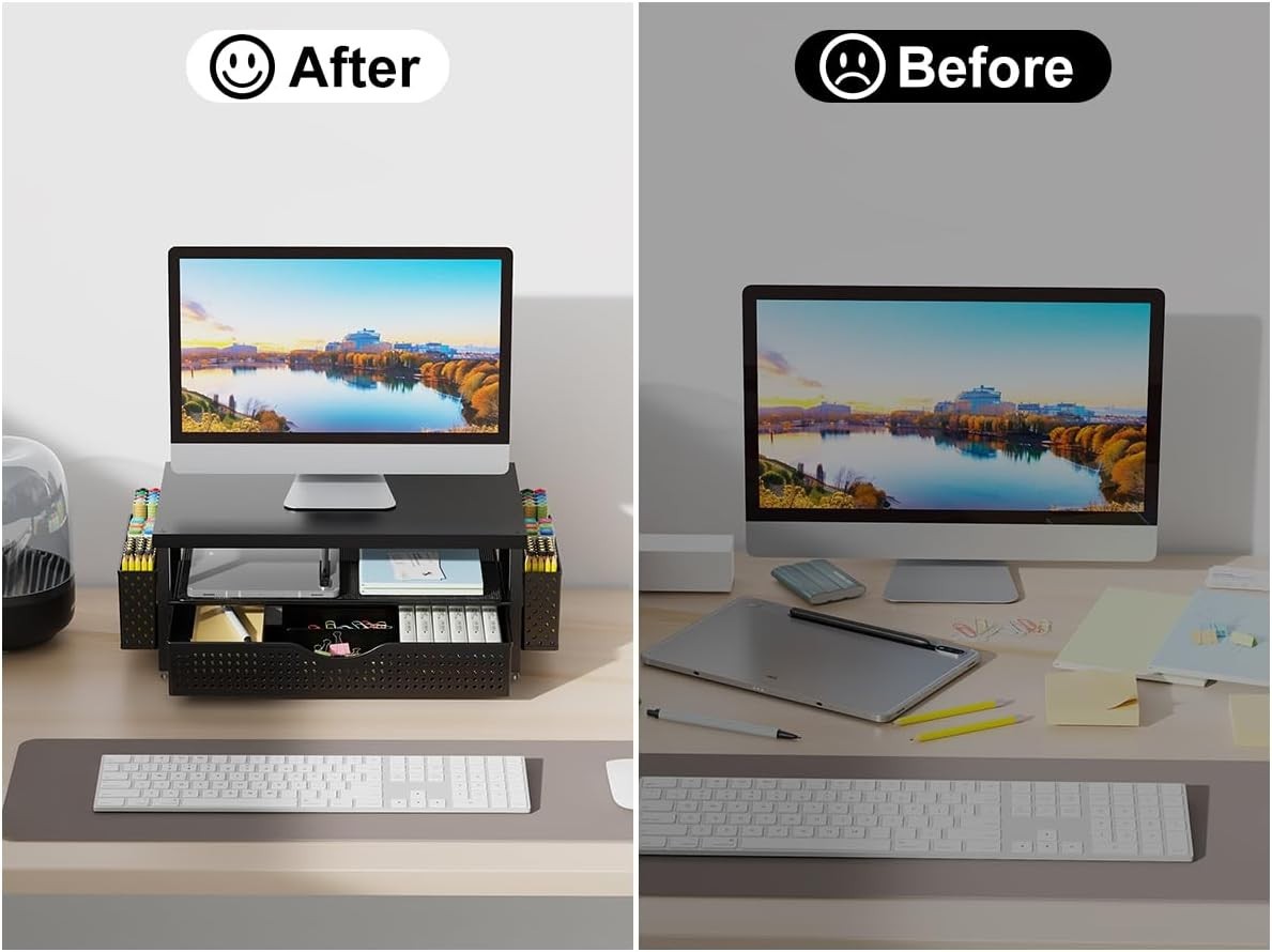 Industrial Style Monitor Stand Riser with Drawer – Ergonomic Design for Comfort
