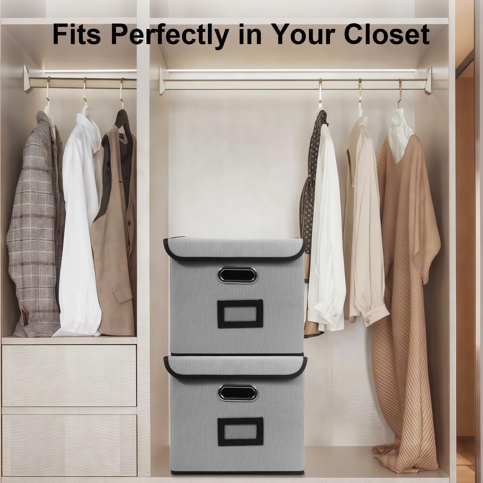 Tcbelosion File Storage Box with Lid, 15.55×12.87×10.43 Inches, Foldable Grey