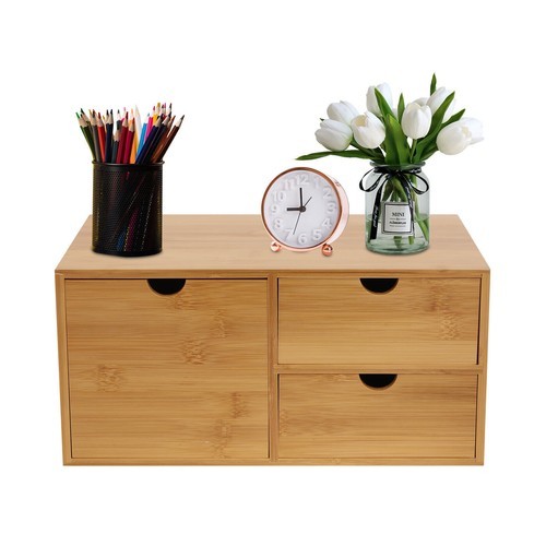 Desk Organizer Office Desktop Drawers Storage Bamboo Box Storage Recess Handle