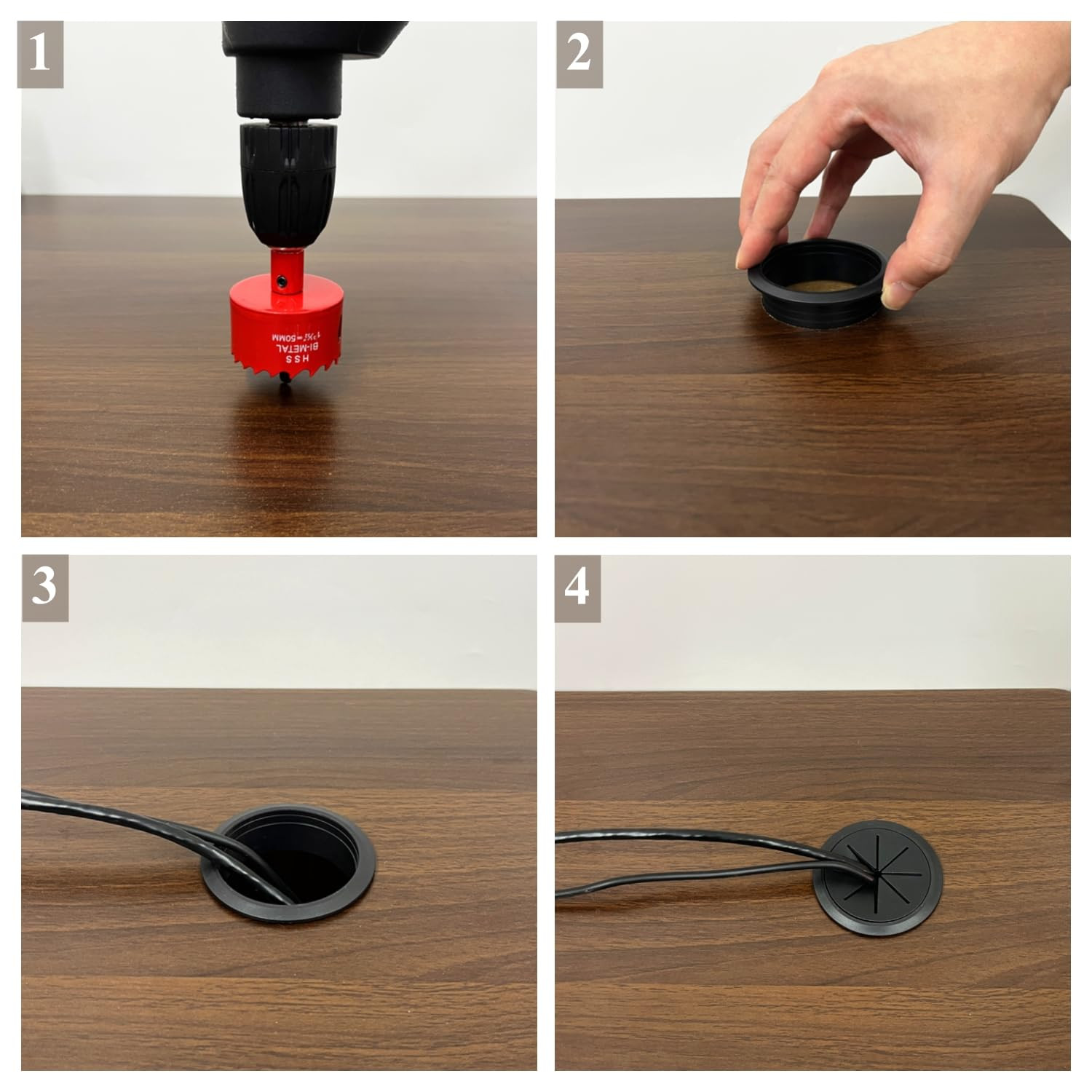 4 Pack Desk Grommet 2 Inch (50 Mm), Desk Hole Cover for Cables, Black Desk Cord