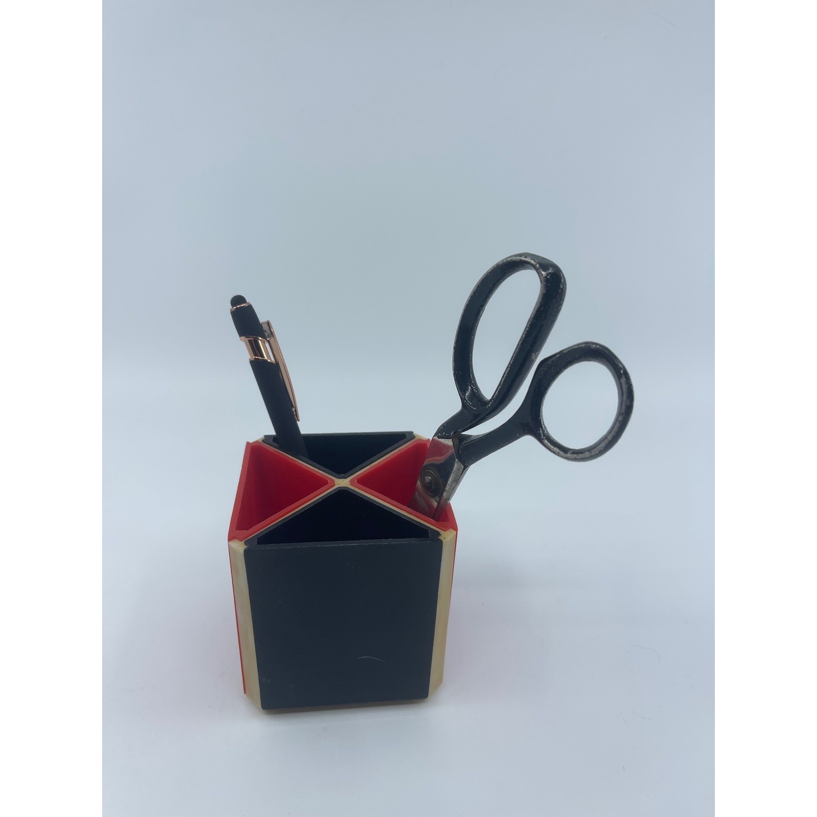 Retro Hexagonal Desk Organizer Red Black Pencil Pen Holder removable sections