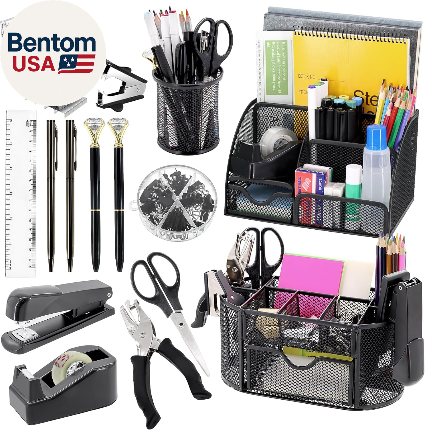 17 in 1 Black Desk Organizers and Accessories Set, 3 Office Desk Supplies Storag