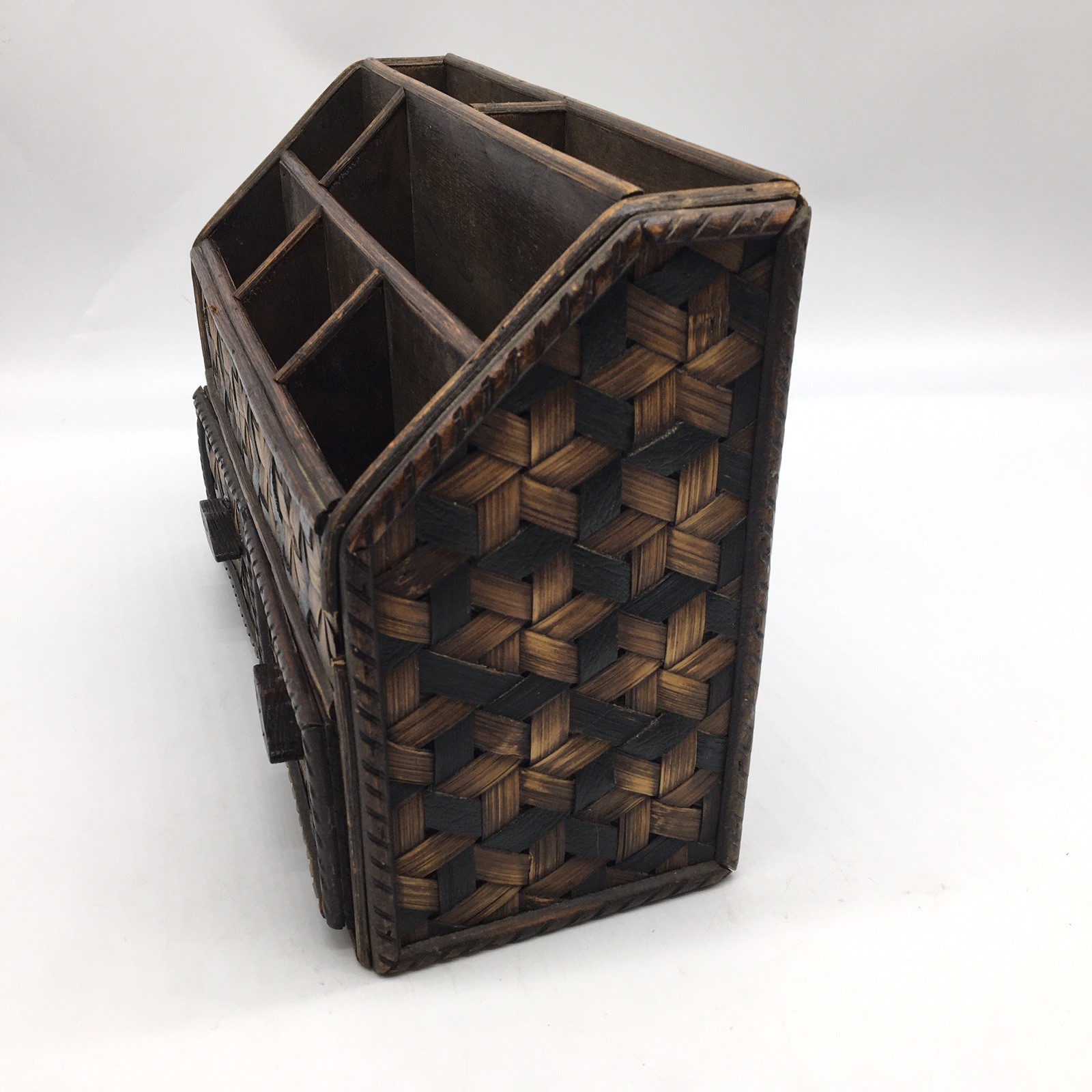 Vtg Wood + Woven Bamboo Desk Organizer Divider 2 Drawers Letter Holder Utensils