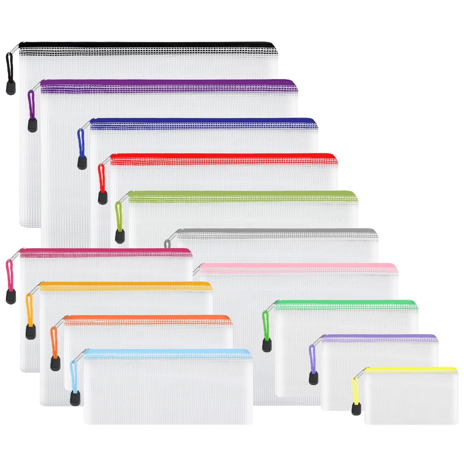 14pcs Zip Pouch Organizers, Mesh Bags with Zipper, 8 Sizes 14 Colors, Waterproof