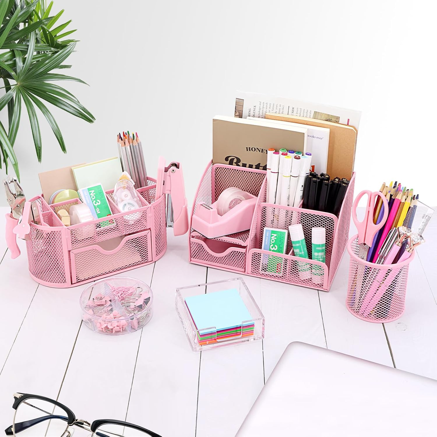 17 in 1 Pink Desk Organizers and Accessories Set, 3 Office Desk Supplies Storage