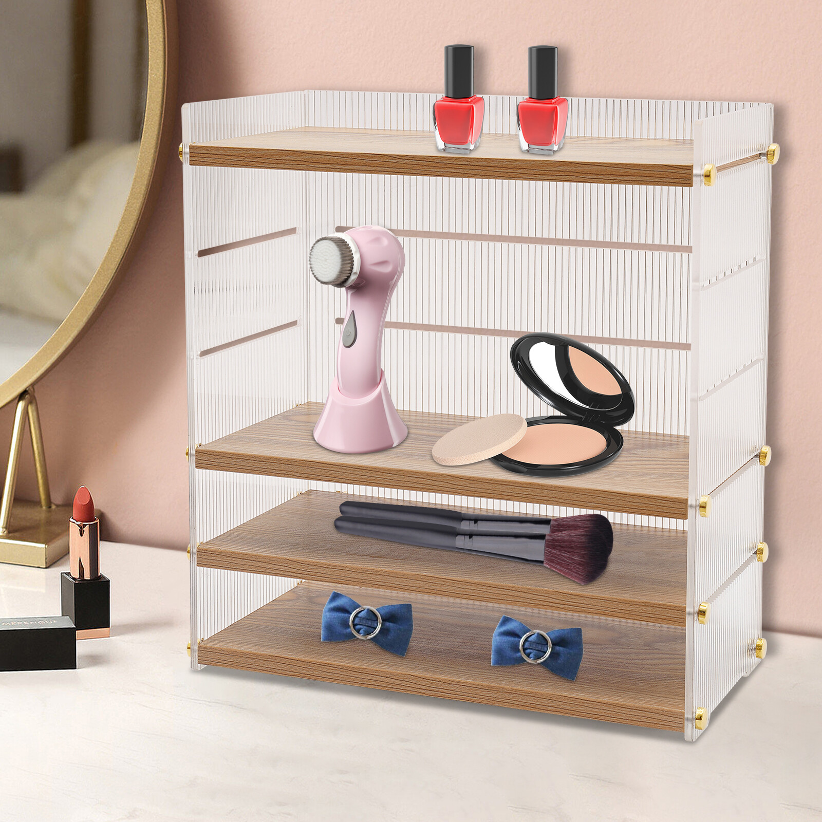 4 Tier Desk Organizer, Desktop Storage Cabinet, Storage Box Wood, Clear New
