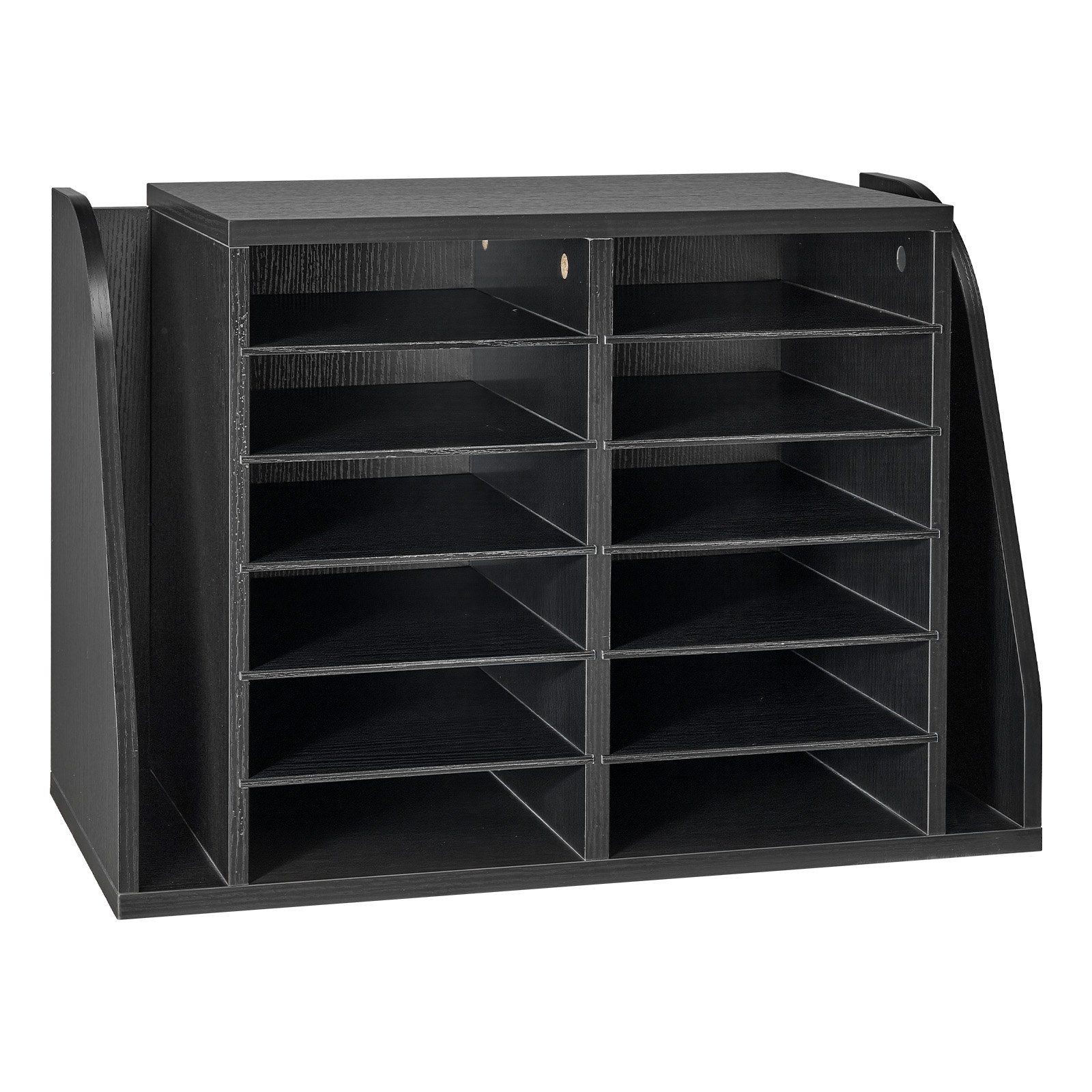 Desktop Literature Organizer – 12 Slot Wooden Sorter, Side Storage, Black Finish