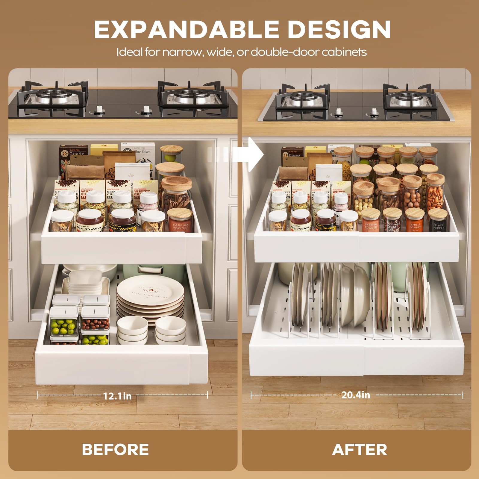 2Pack Pull out Cabinet Organizer 12.1″-20.4″W x 21″D(2Pack), White