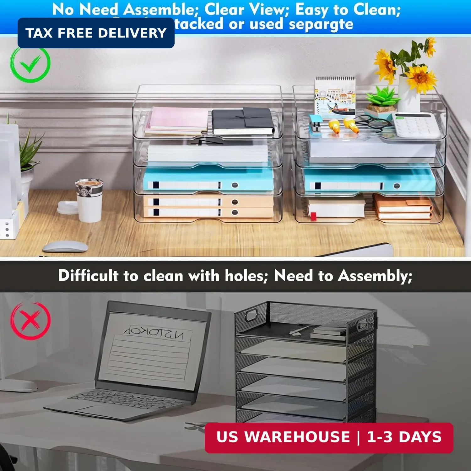 Paper Organizer Letter Tray, 4 Pack Acrylic Stackable Desk File Organizer,Versat