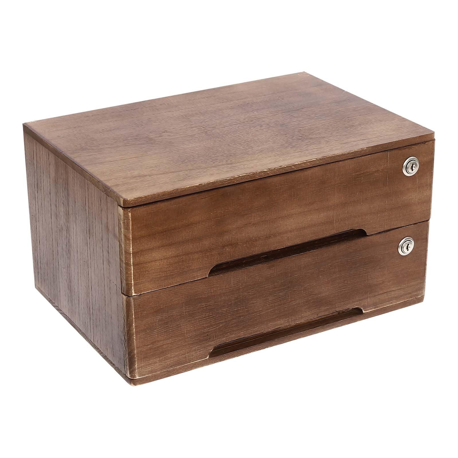 ZERNEIL 2-Tier Wooden Desktop Storage Box with Lockable Drawers, Flat Walnut