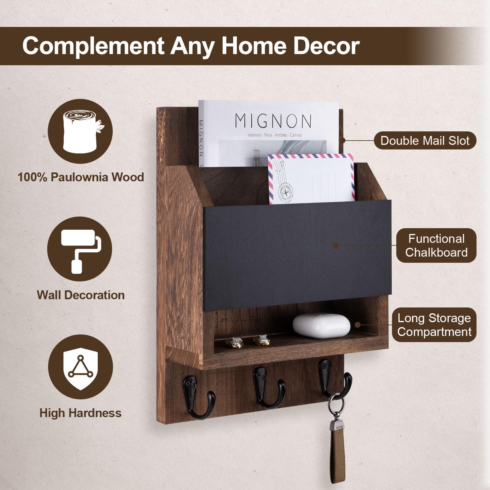 Brown Key Mail Holder Wall Hanger 3 Hooks Chalkboard Entryway Organizer