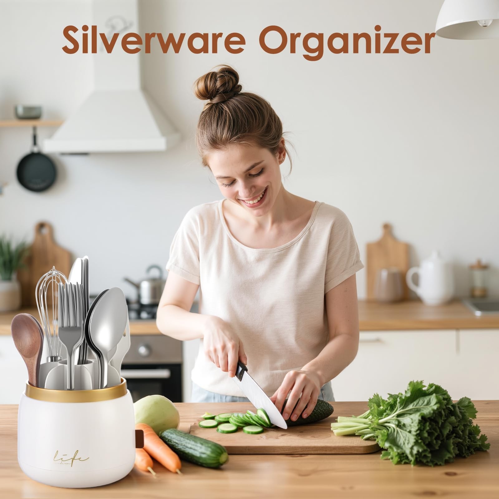 EXIN DECHEN 360° Rotation Silverware Organizer for Kitchen White