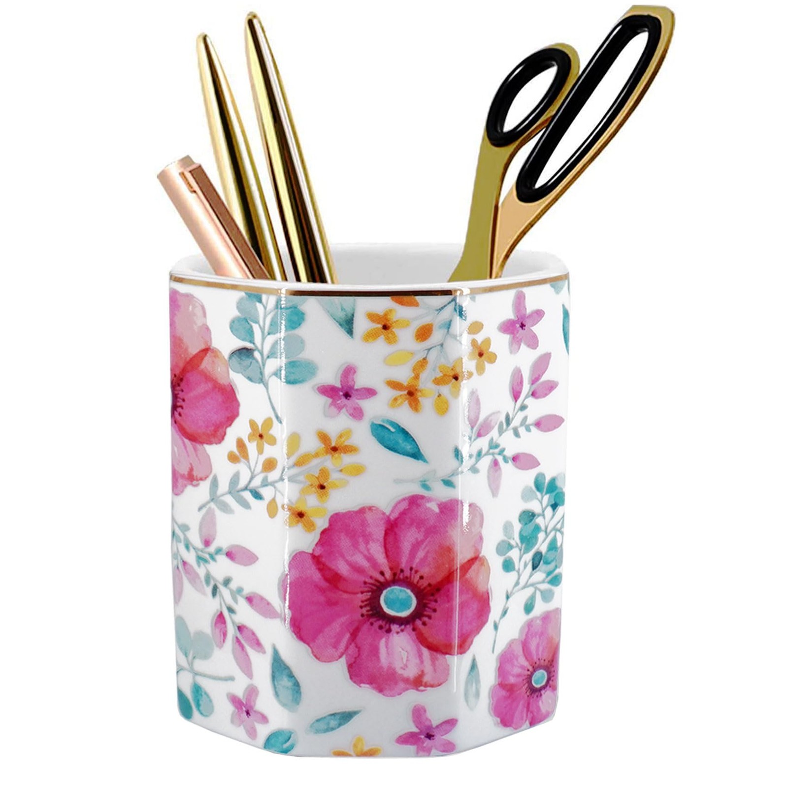 Pen Holder, Makeup Brush Holder Ceramic Shiny Gold Spring Floral Pattern Penc…