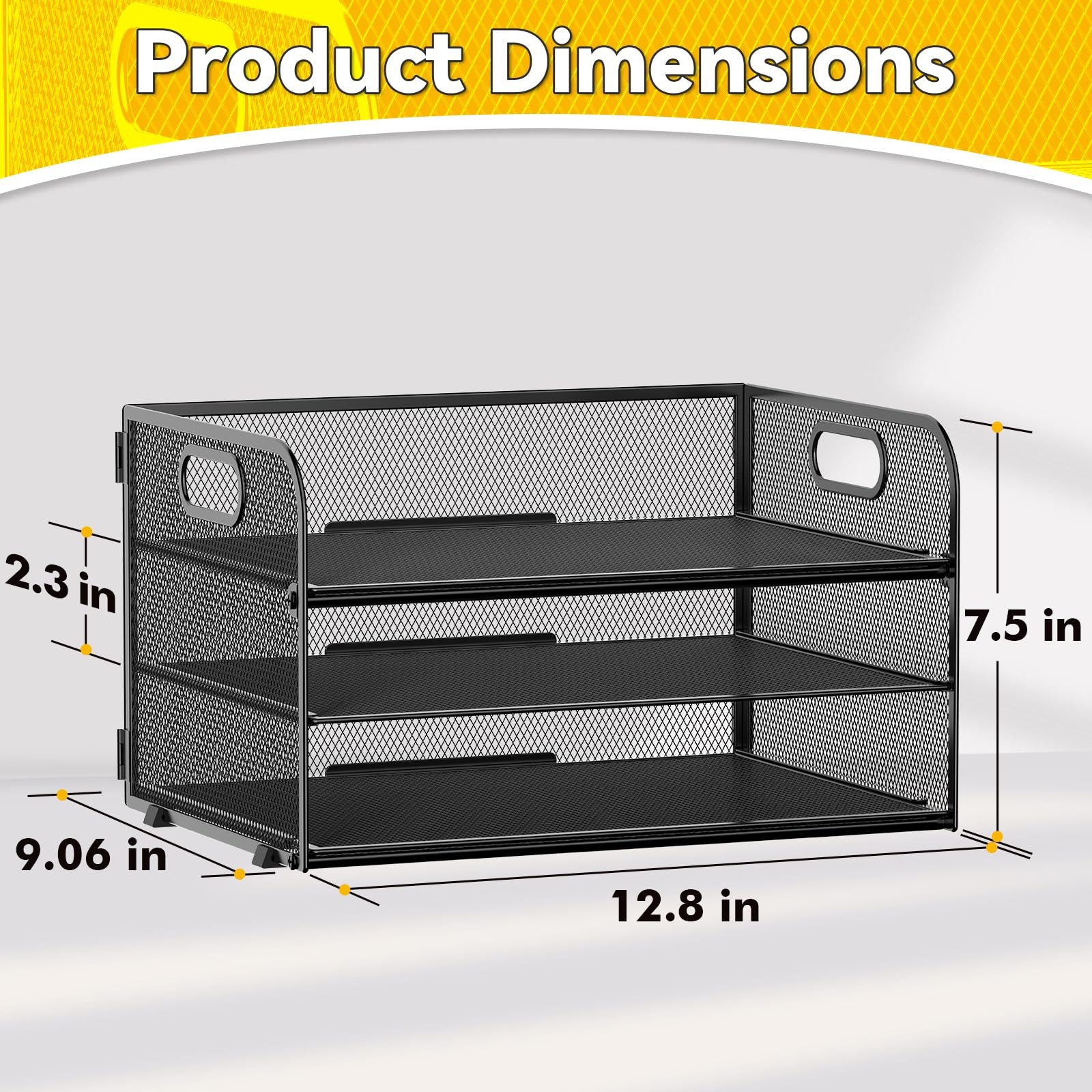 MINDEPOT 3 Tier Paper Organizer Tray with Handle, 12.8″ x 9″ x 7.5″, Black