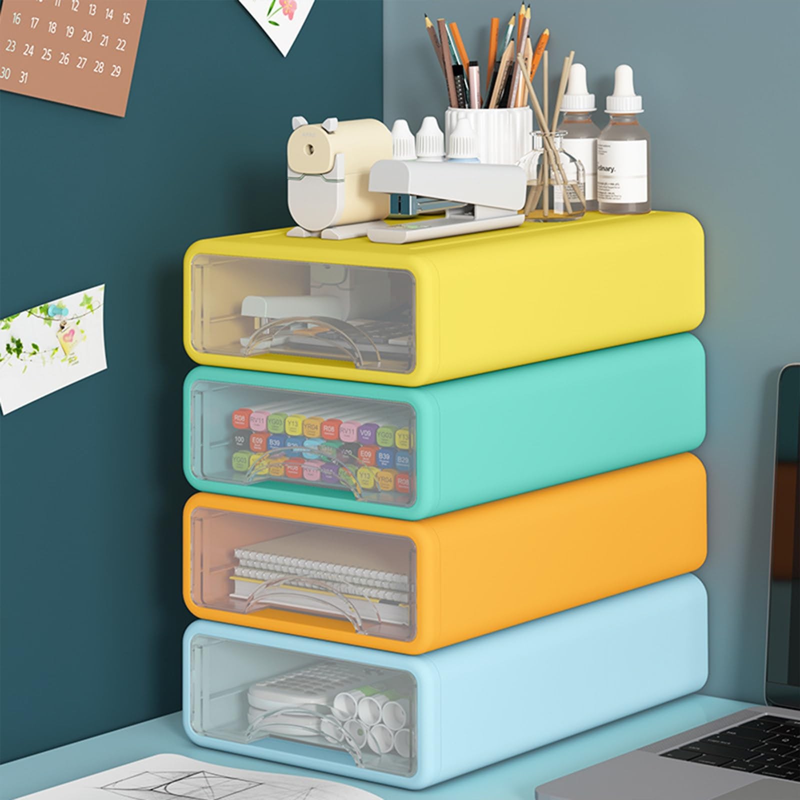 Desk Organizer with Drawers, Stackable Storage Drawers with Compartments Desk…