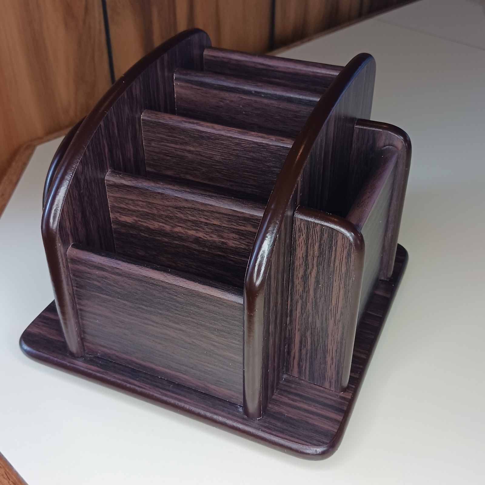 Rotating Desk Organizer Wood Finish Brown Storage Rack Pencil Pen Holder