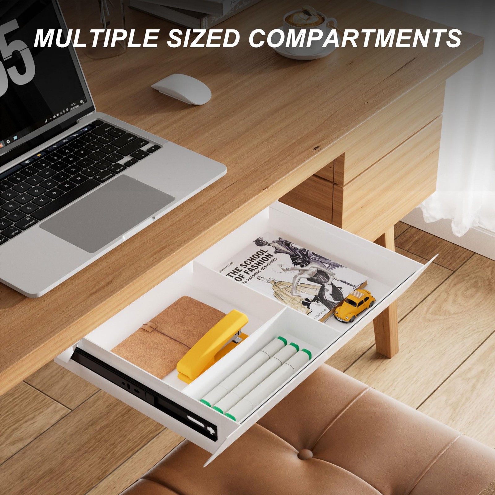 White Under Desk Drawer Removable Tray 15.4 Inch Wide 2in1 Organizer 60 Tilt