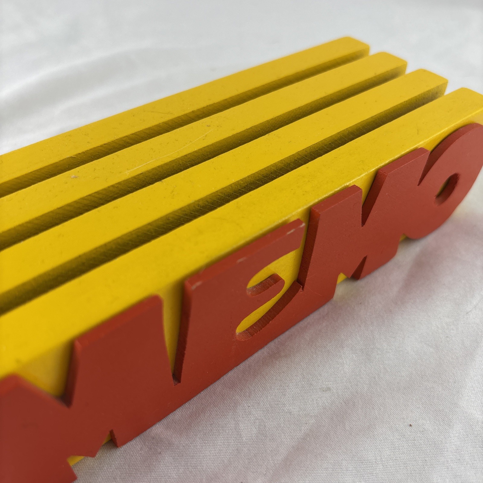 Vintage Retro Wooden “MEMO” Spellout Holder Desktop Organizer Yellow and Red