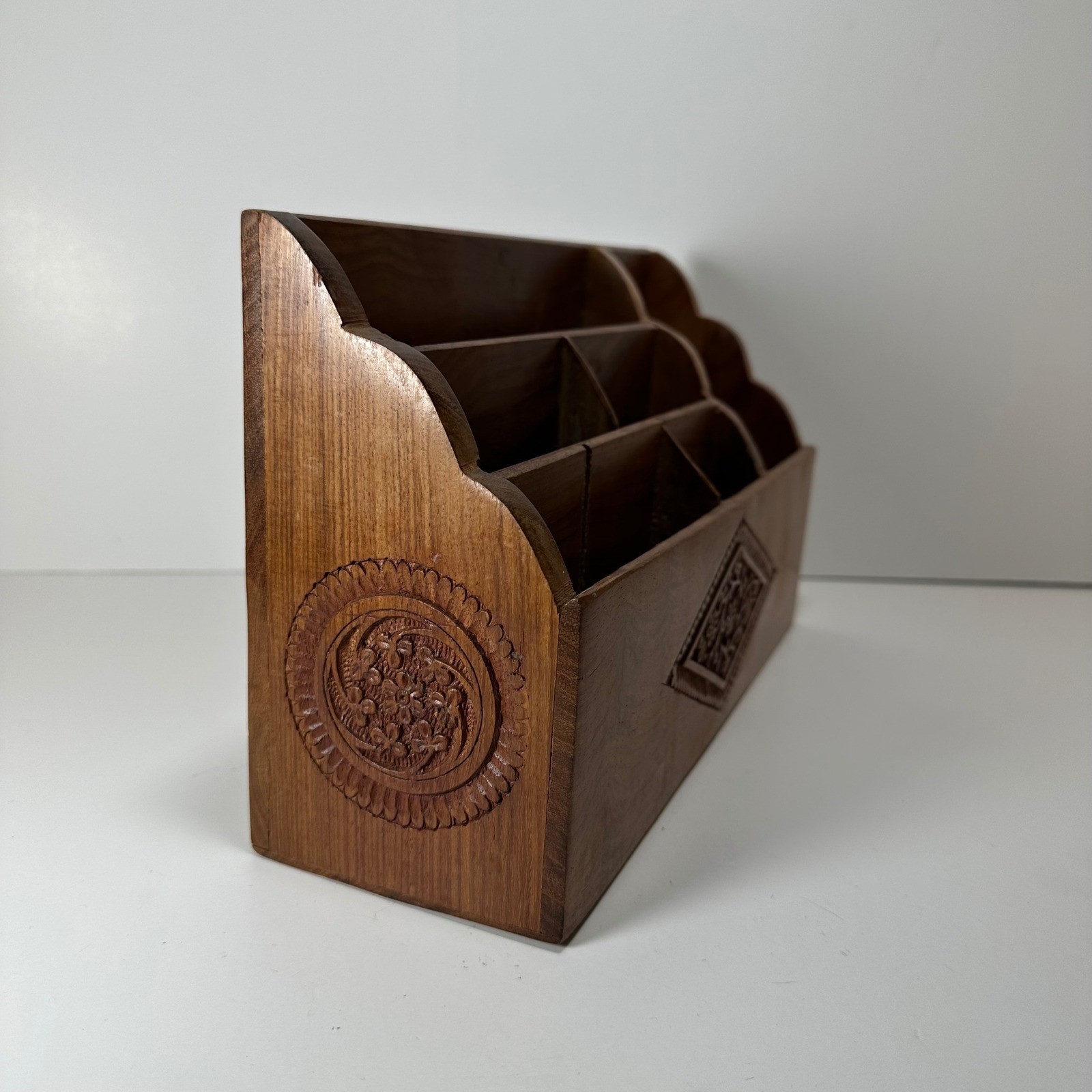 Vintage Hand Carved Wooden Desk Organizer Floral Boho Tiered Mail Stationery