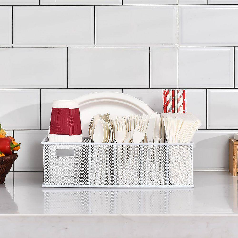 White Metal Paper Plate Organizer with 6 Compartments for Cups, Utensils, Napkin