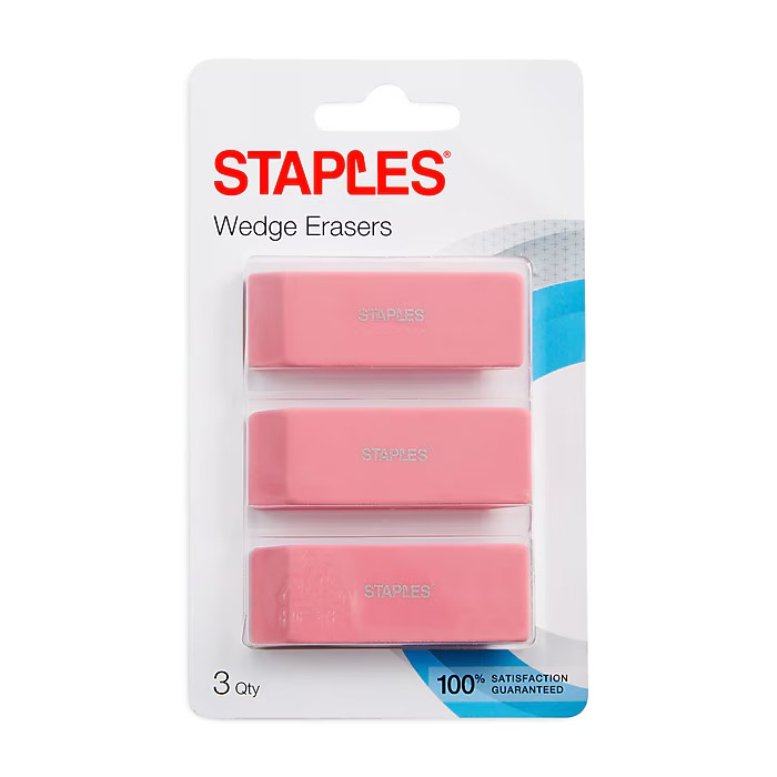 Staples Pink Wedge Erasers 3/Pack Premium Angled Edges Precise Correction – New