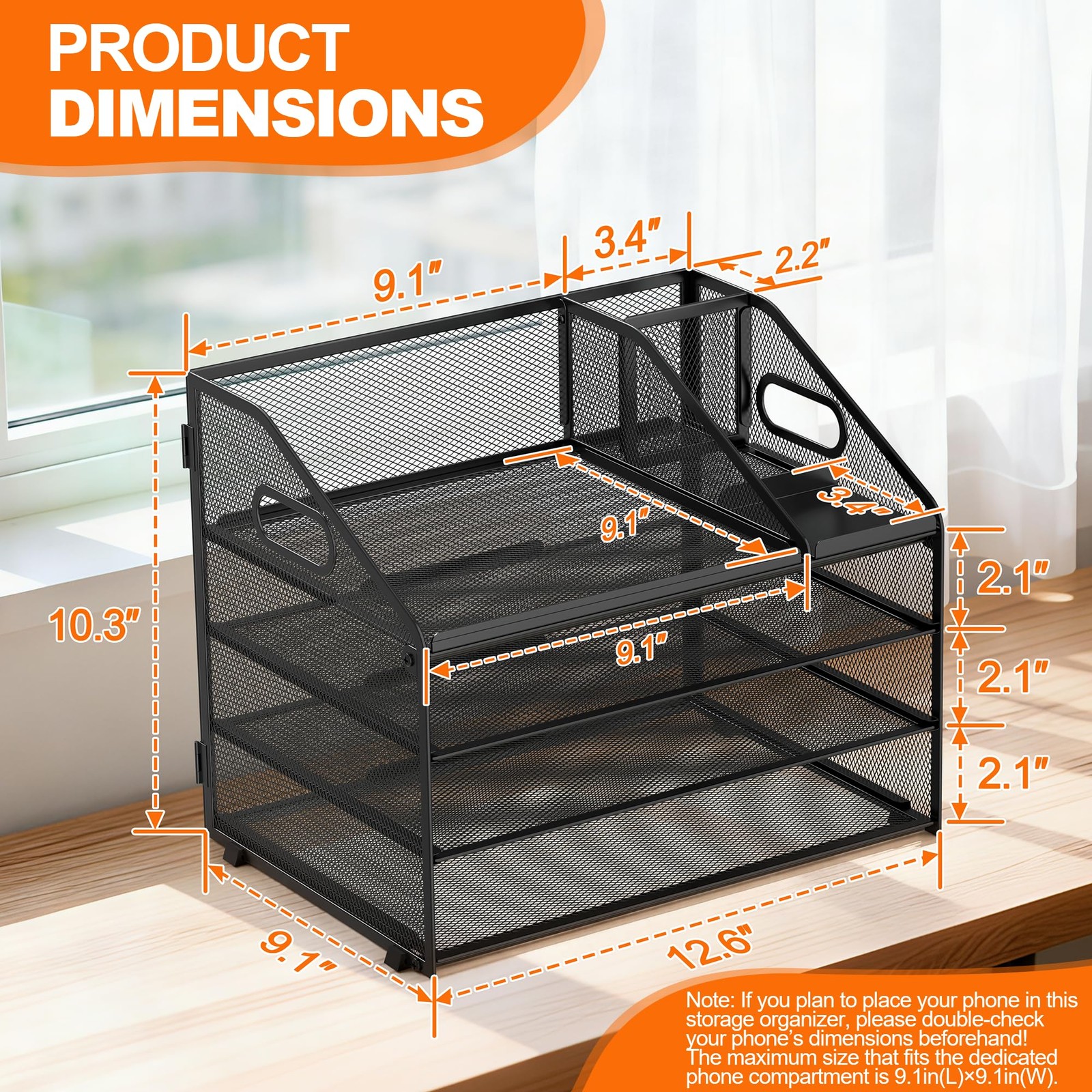 4 Tier Metal Mesh Letter Tray Desk File Organizer Handle Pen Holder Black