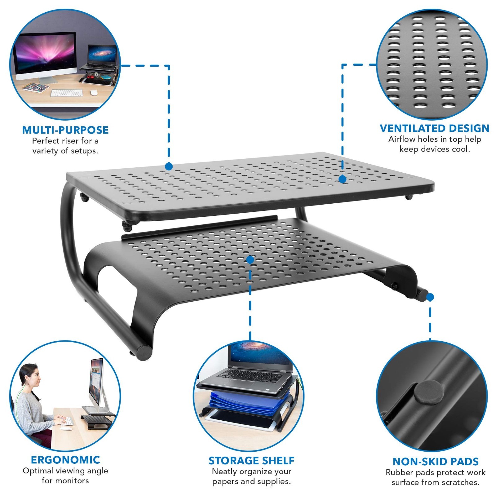 2 Tier Desk Organizer Riser | Computer Monitor Stand with Keyboard Storage Shelf