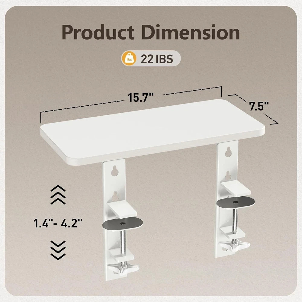 15.7″×7.5″ Clamp-On Desk Extender and Organizer Shelf, Adjustable White