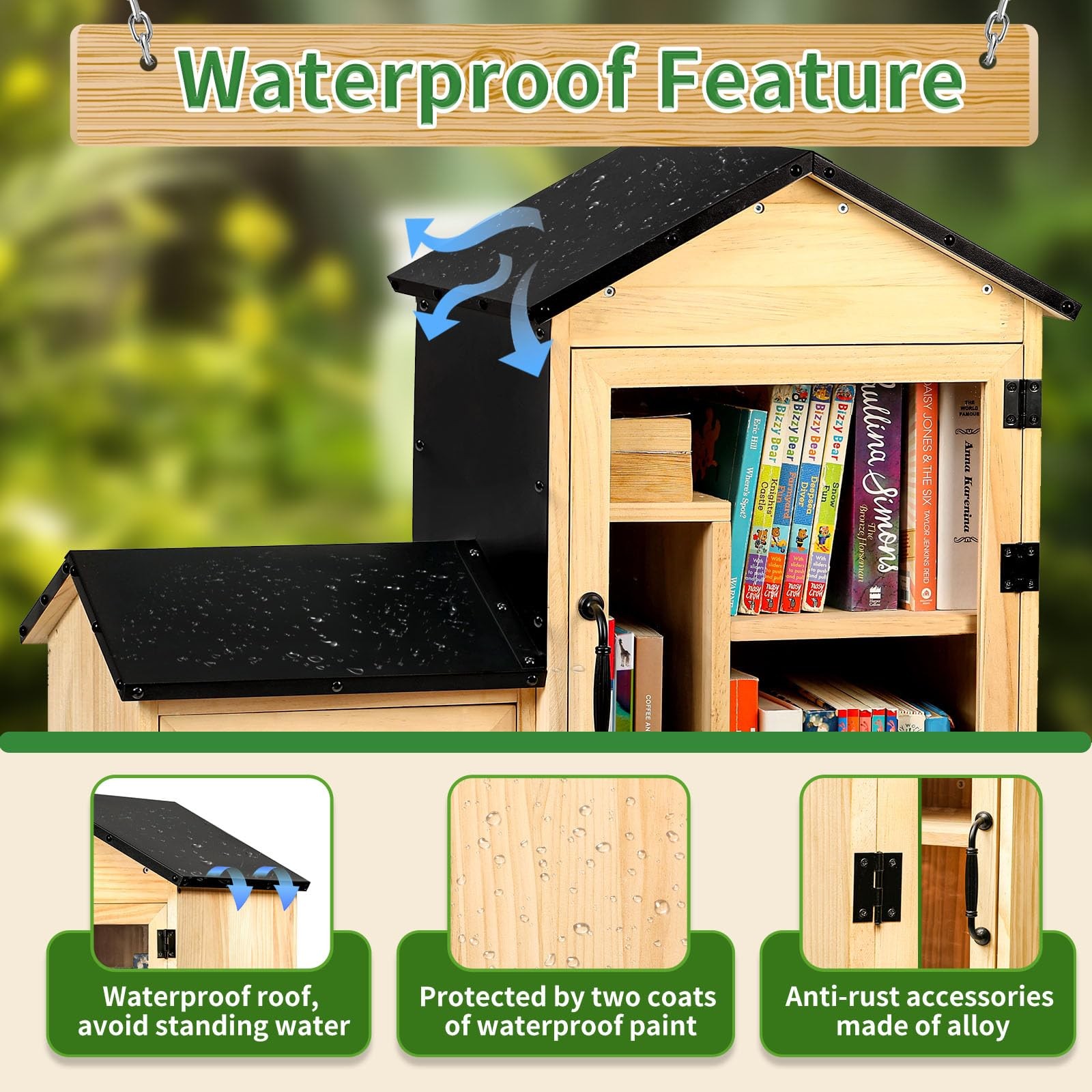 Outdoor Library Book Box, Solid Wood Free Library with Large & Small Compartm…