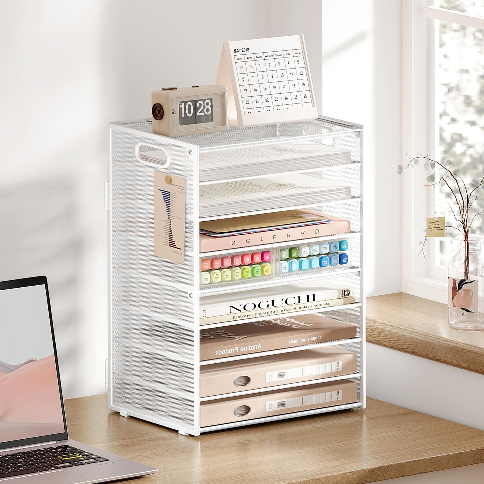 9 Tier Paper Letter Tray Desk Organizer with Handles – White Metal Mesh File …