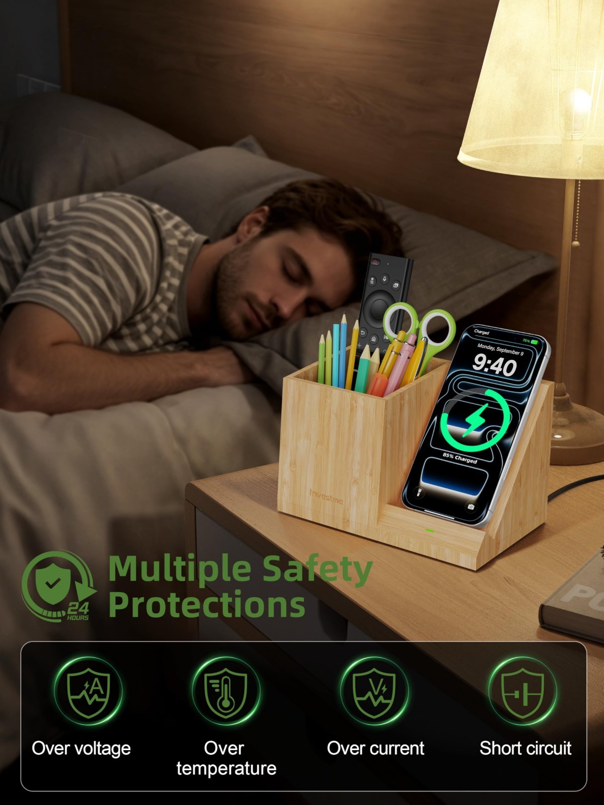 Multifunctional Bamboo Desk Organizer with Wireless Charger & Pen Holder – Fast