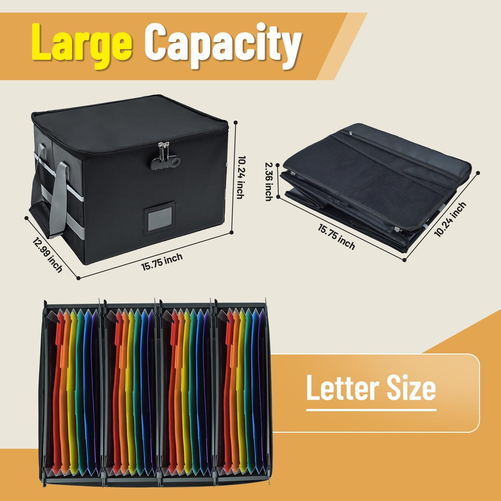 File Box with Hanging Folders Important 15.55 x 12.4 x 10.2 inches, Black