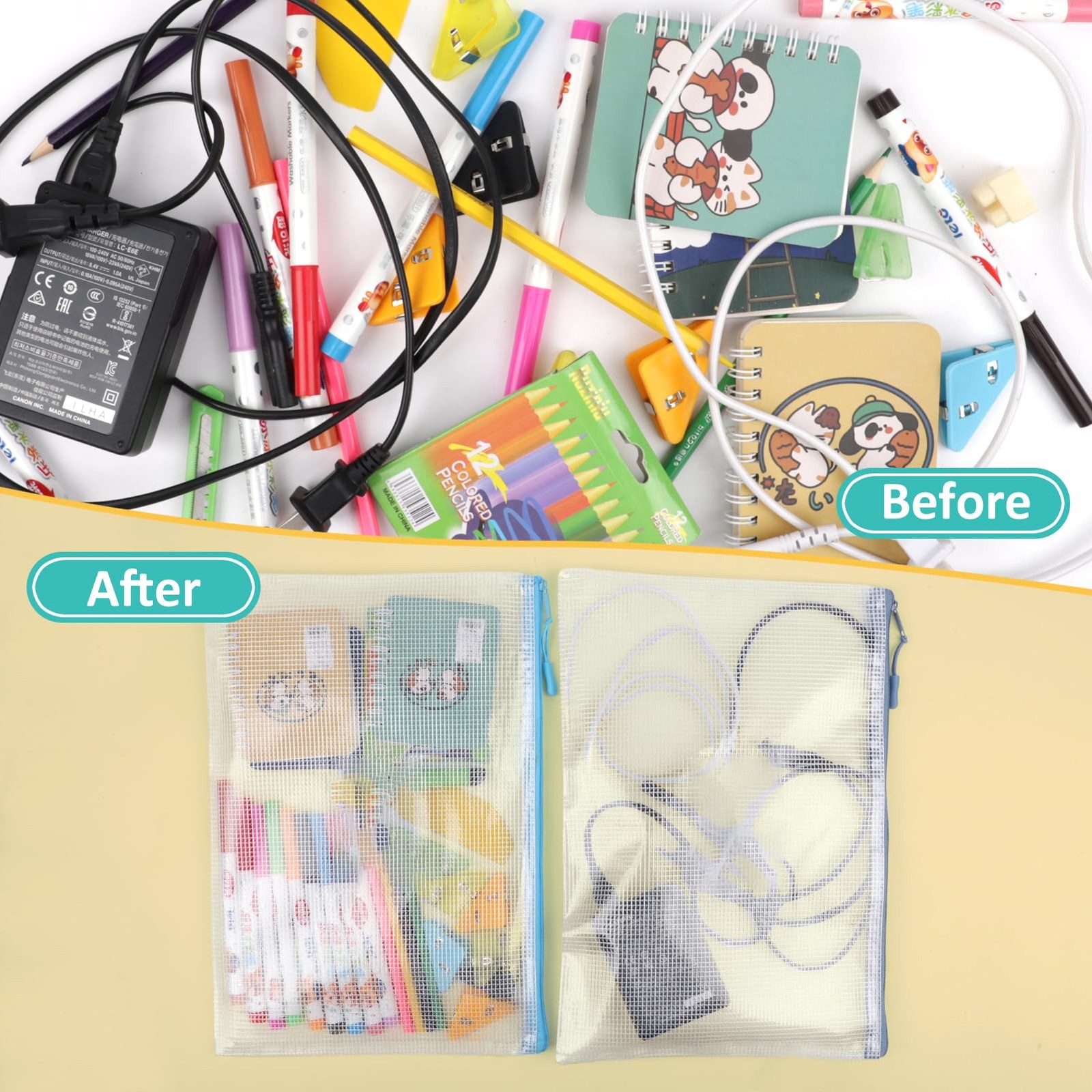12pcs Mesh Zipper Pouch Bags, A4 Puzzle Bag (12 Colors, 12 Packs) for Organiz…