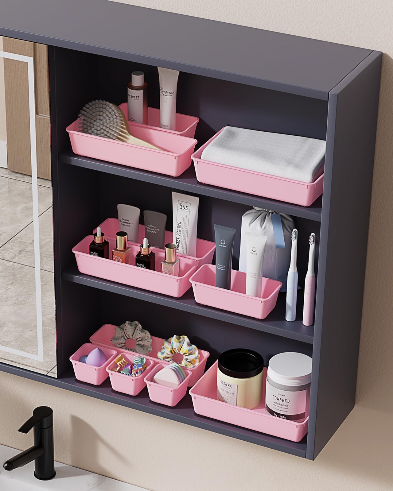 BiuLeon 25 PCS Plastic Drawer Organizers Set, 4-Sizes Vanity and Makeup Pink