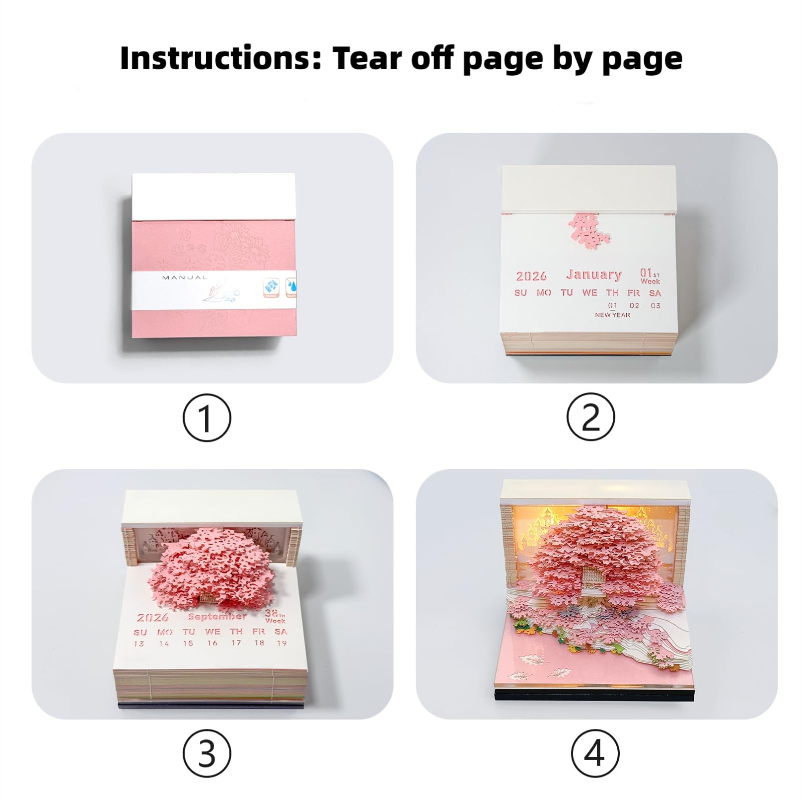 3D Calendar 2026, Desk With LED Light, 3d Tree Memo Pad pink
