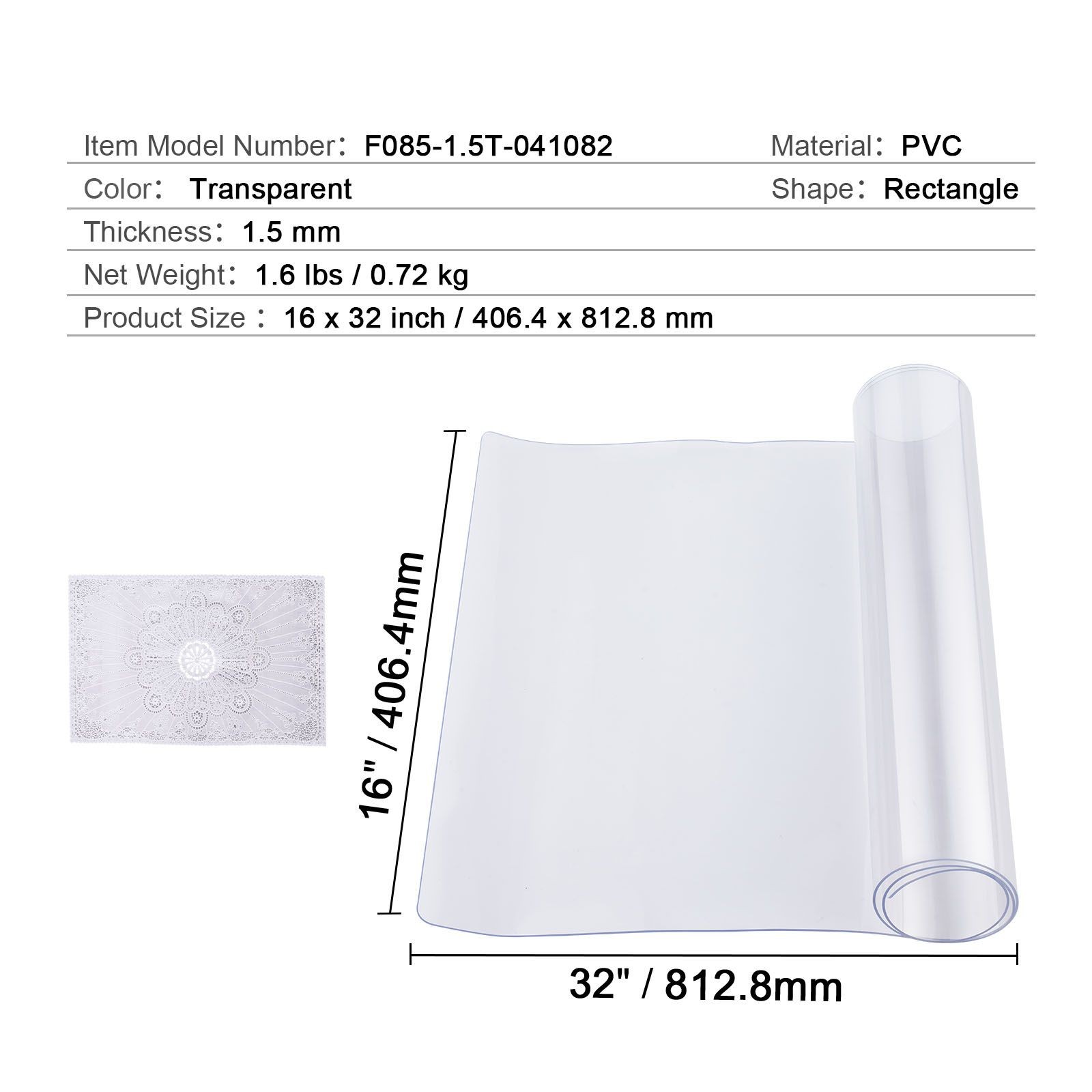 Plastic Table Cover, 16 x 32 Inch 1.5 mm Thick Clear Table Protector, Rectangle