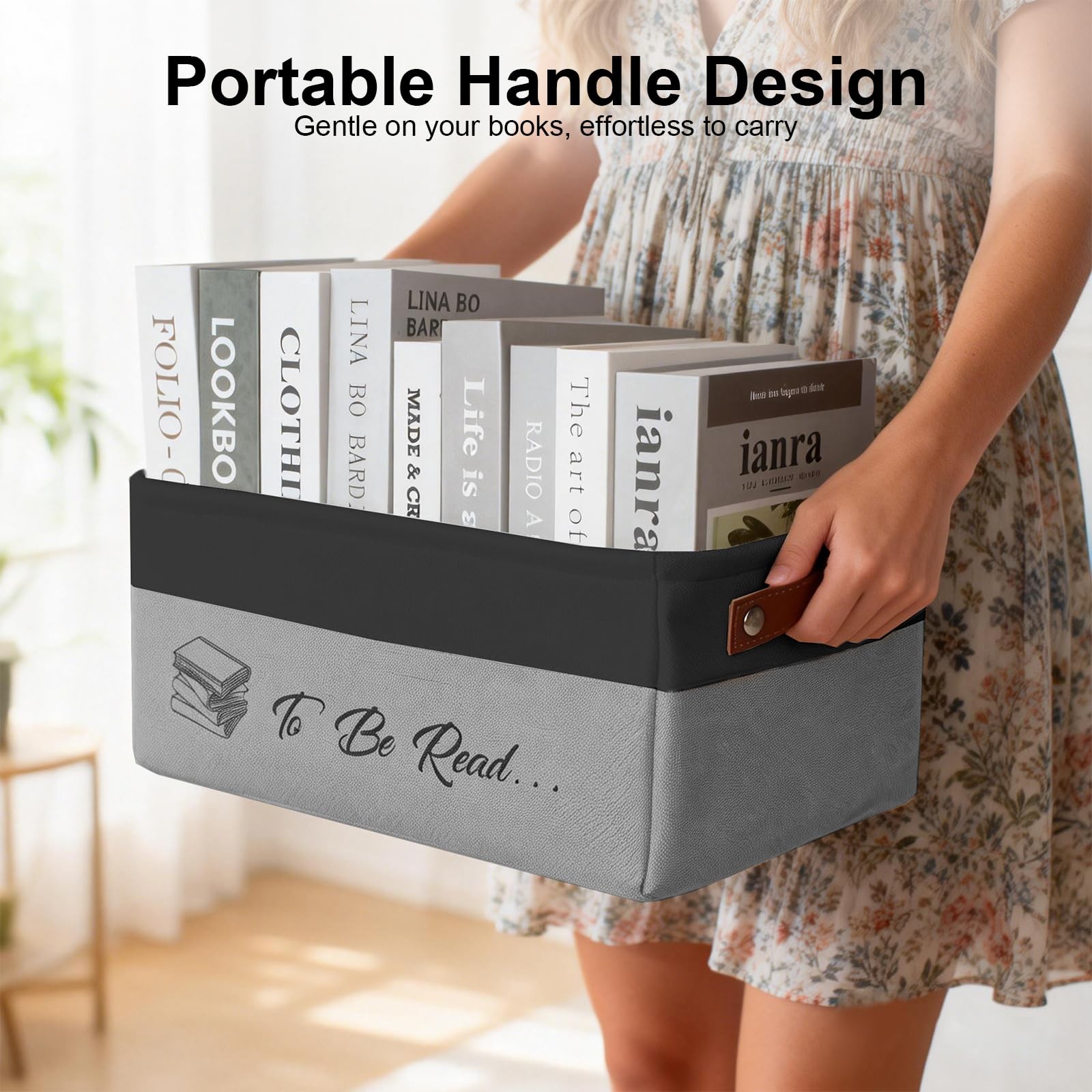 TBR Book Storage Basket Organizer Bin Leather Handles Reading Lover Gifts