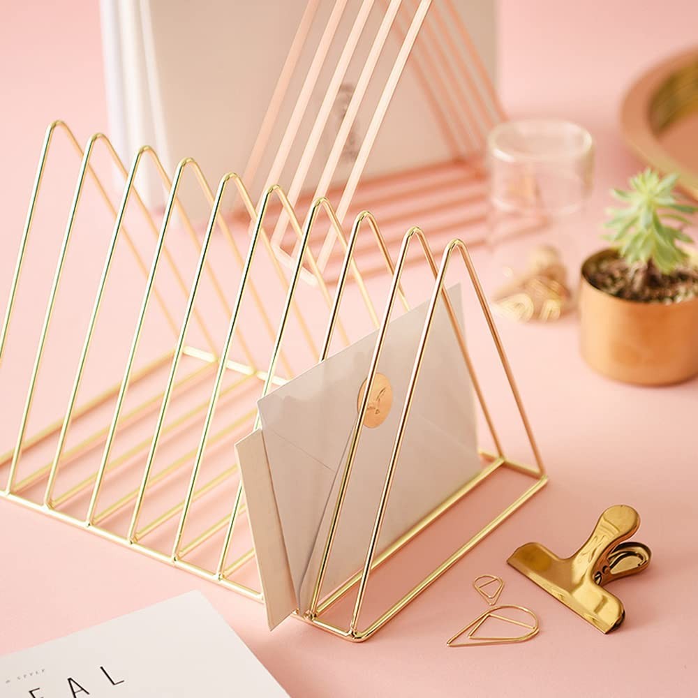 9 Slot Rose Gold Magazine Holder Desktop File Sorter Triangle