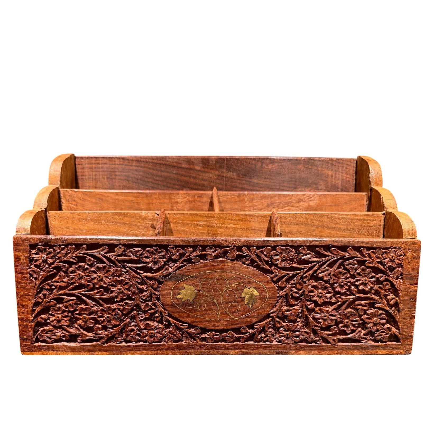 Vintage India Hand Carved Floral Wooden Mail Brass Inlay Organizer Letter Holder