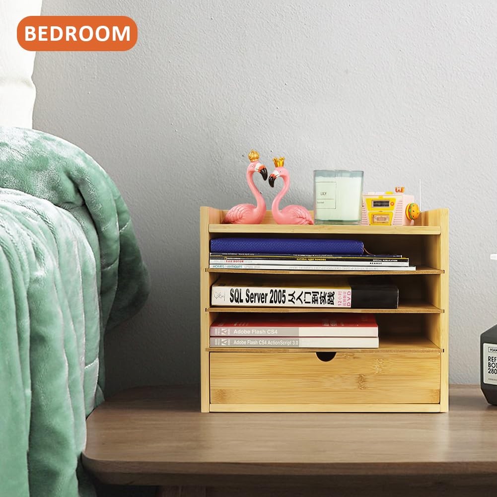 5-Tier Bamboo Desk Organizer with Drawer Tabletop File Organizer Document Hol…