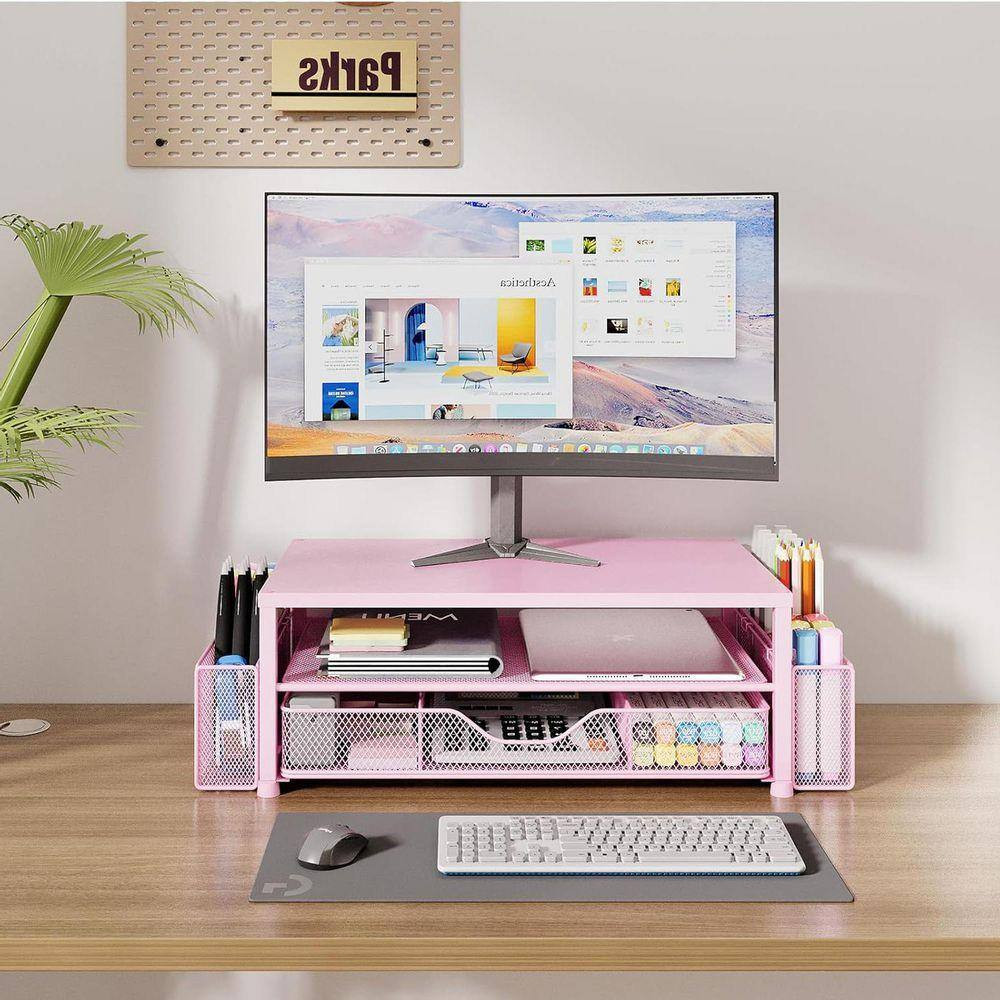 Pink 15.5 In. X 6.3 In. Metal Modern Desk Organizers with Drawer and 2 Pen Holde