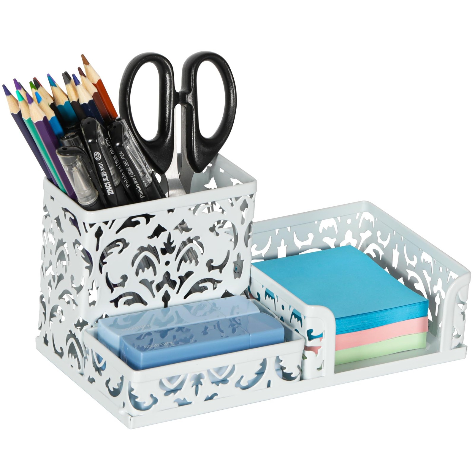 Desk Organizer with 3 Compartments Pencil Holder Sticky Note Tray White