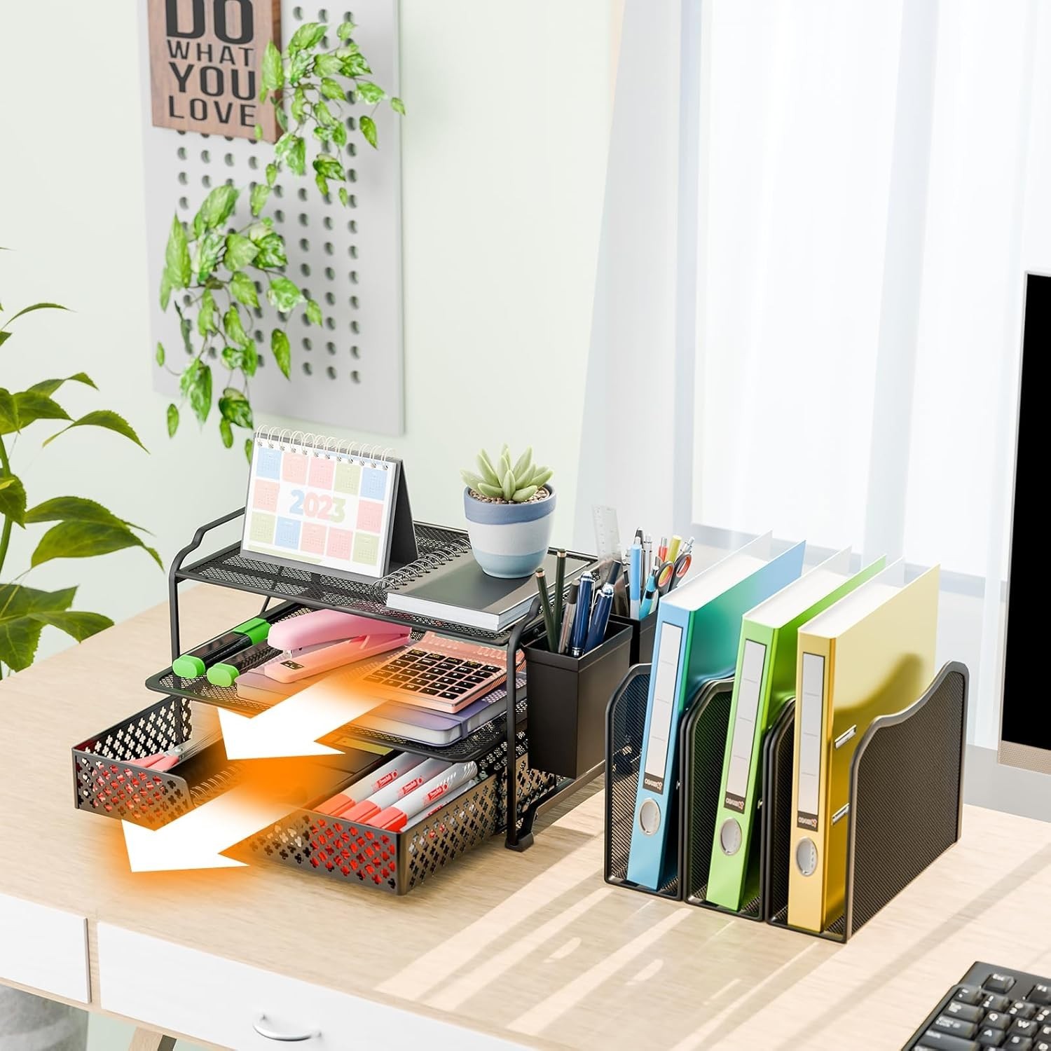 Desk File Organizer with Sliding Drawer Metal Mesh Double Tray and 5 Upright